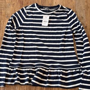 Crewcuts Navy and White ruffle Striped long sleeve tee
